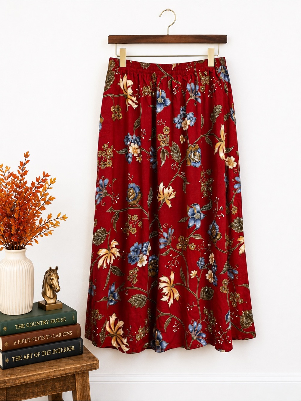 Vintage Burgundy Botanical Floral Rayon Midi Skirt Cottagecore Romantic Fall M